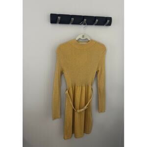 Free People French Girl metallic gold belted mini sweater dress, size small